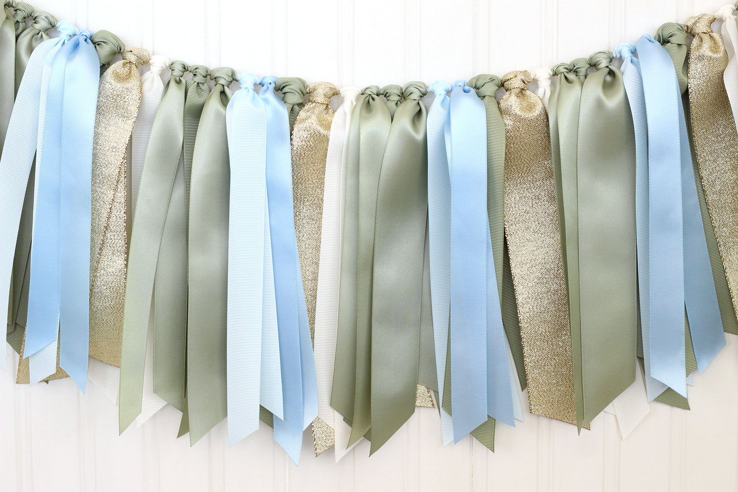 6-8 ft Sage Green, Light Blue, Off White and Gold Ribbon Garland | Boy Baby Shower | Woodland First Birthday Decoration