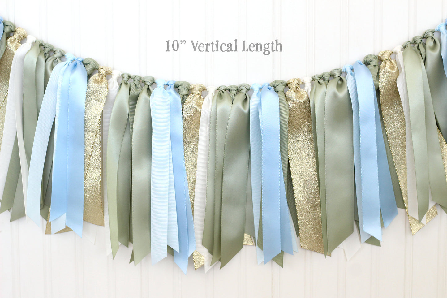 6-8 ft Sage Green, Light Blue, Off White and Gold Ribbon Garland | Boy Baby Shower | Woodland First Birthday Decoration