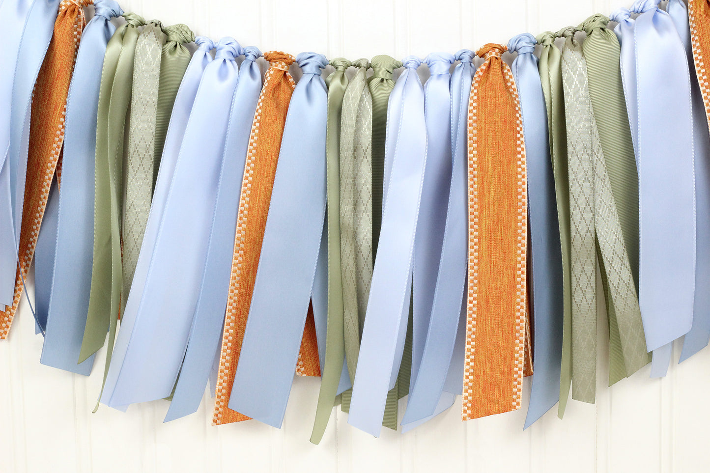 6-8 ft Sage, French Blue, Harvest Orange Ribbon Garland | Baby Safari | Woodland Baby Shower Decoration