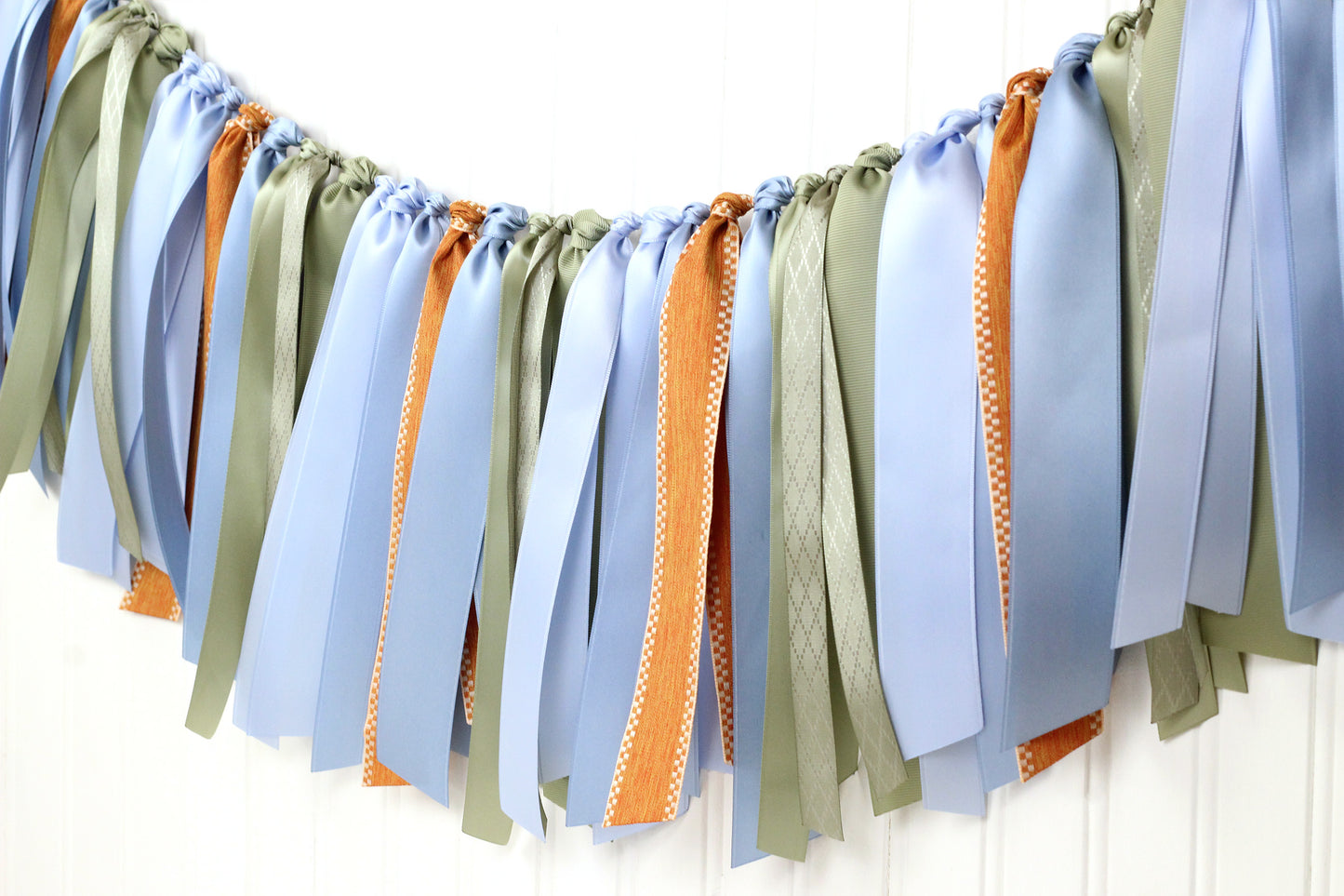 6-8 ft Sage, French Blue, Harvest Orange Ribbon Garland | Baby Safari | Woodland Baby Shower Decoration