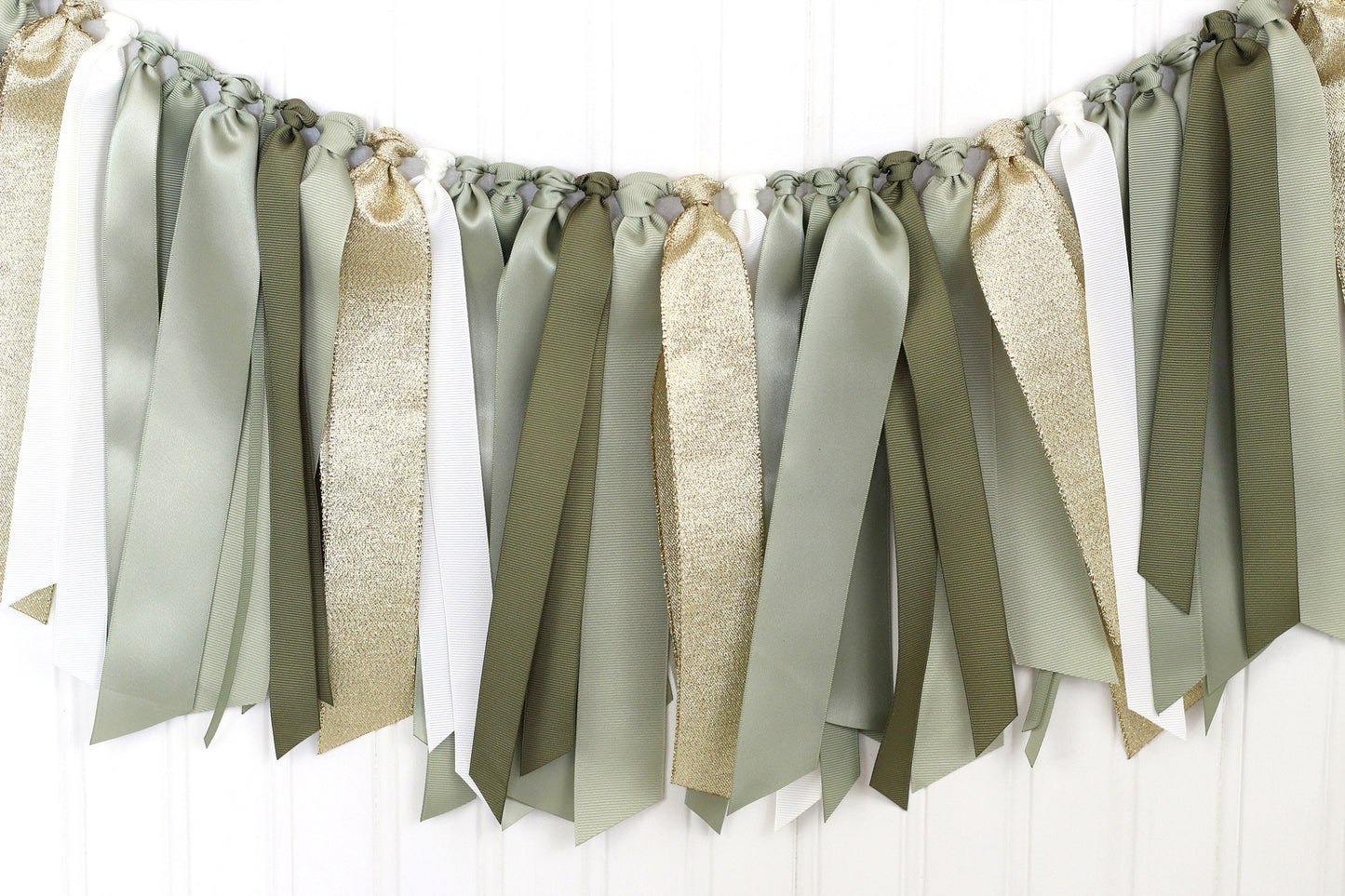 6-8 ft Sage, Olive Green, Off White and Gold Ribbon Garland | Gender Neutral Baby Shower | Woodland First Birthday Decoration