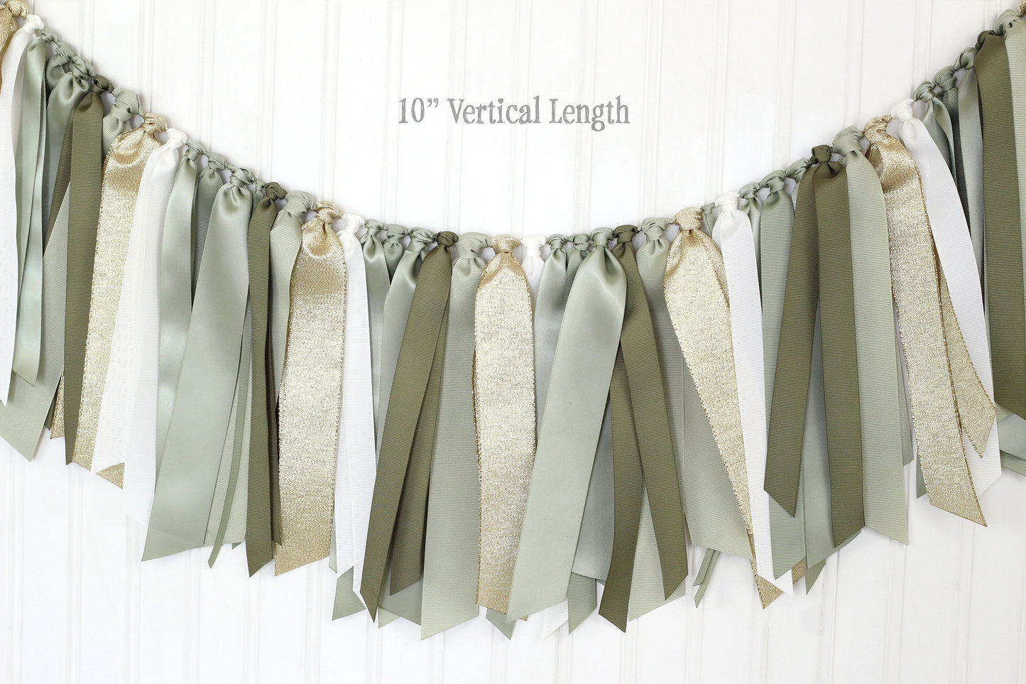 6-8 ft Sage, Olive Green, Off White and Gold Ribbon Garland | Gender Neutral Baby Shower | Woodland First Birthday Decoration