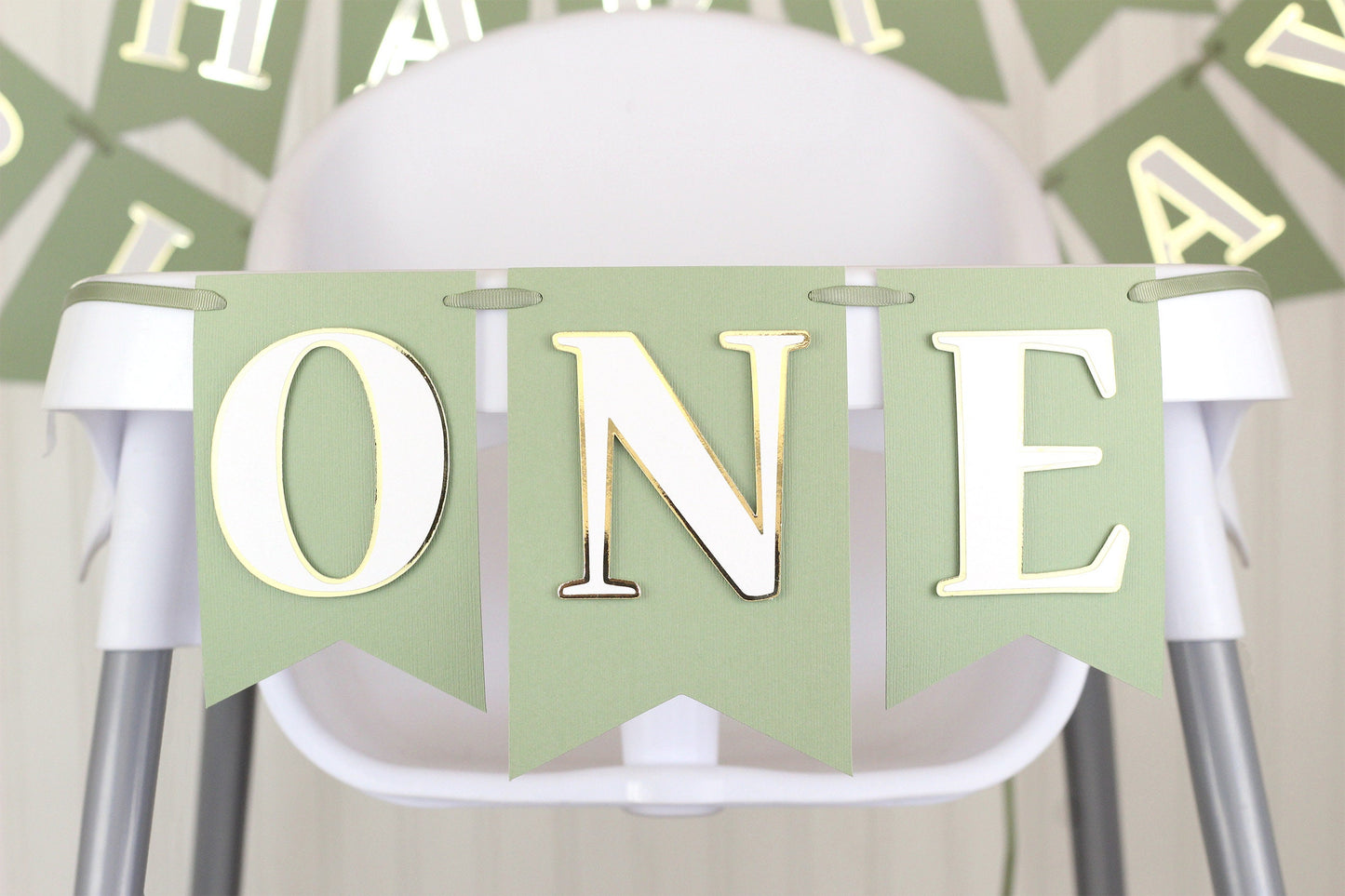 Sage Green, White and Gold High Chair Birthday Banner