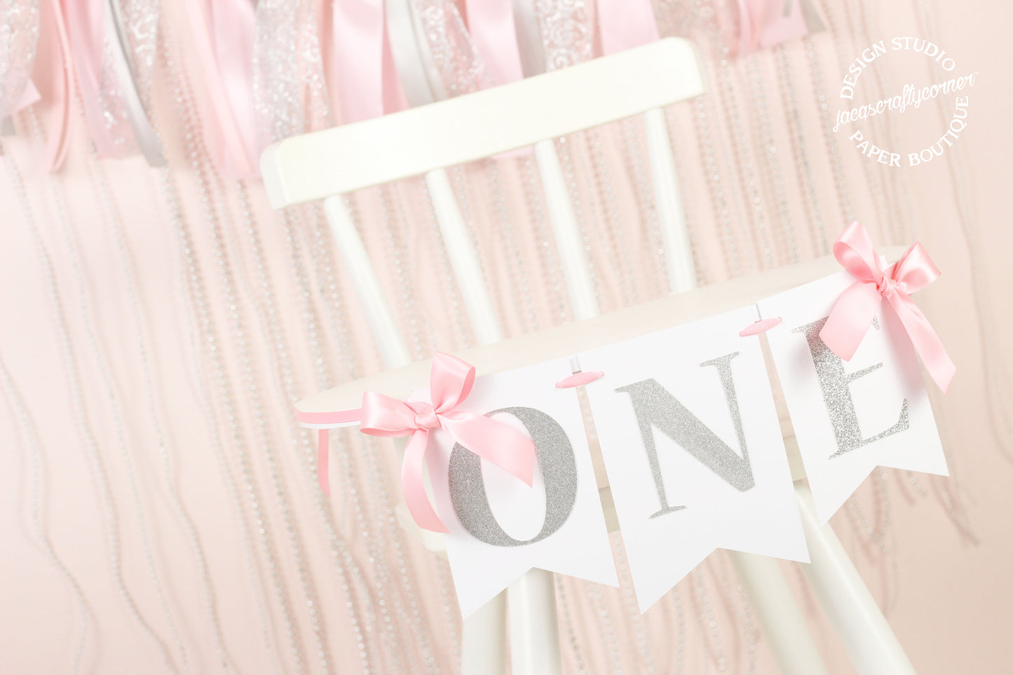 Pink and Silver First Birthday Highchair Banner with Bows