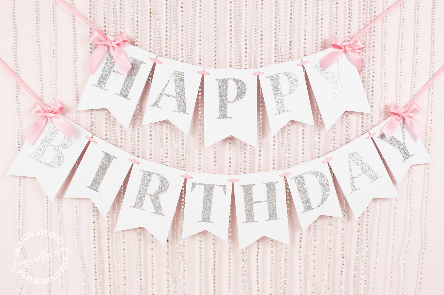 Pink and Silver First Birthday Highchair Banner with Bows