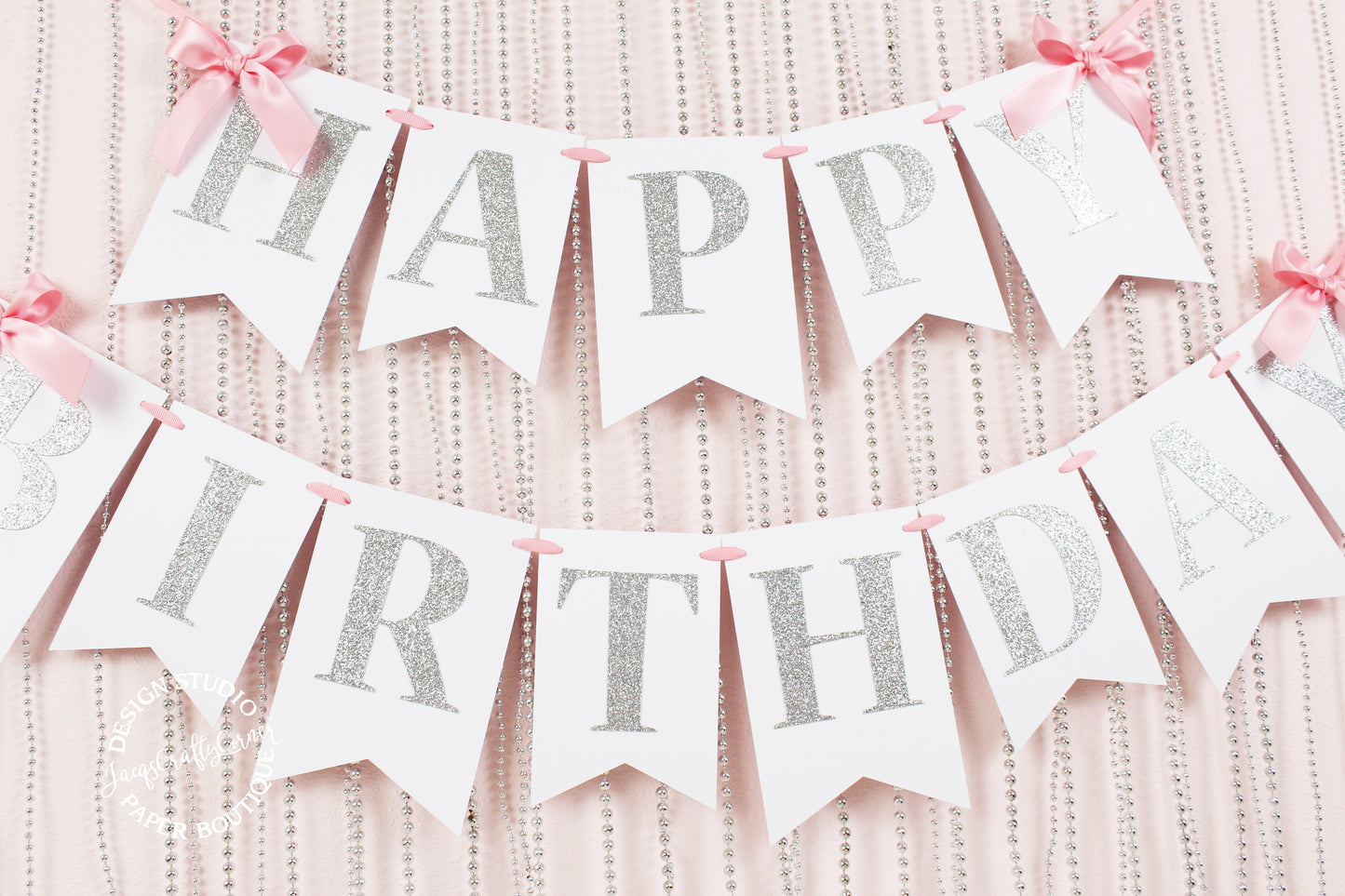 Pink and Silver First Birthday Banner with Bows