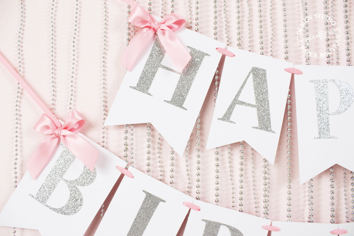 Pink and Silver First Birthday Banner with Bows