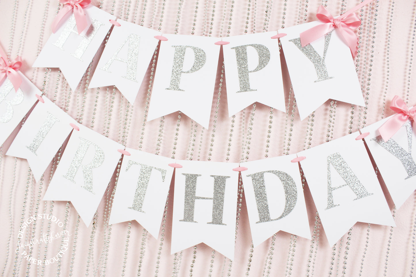 Pink and Silver First Birthday Banner with Bows