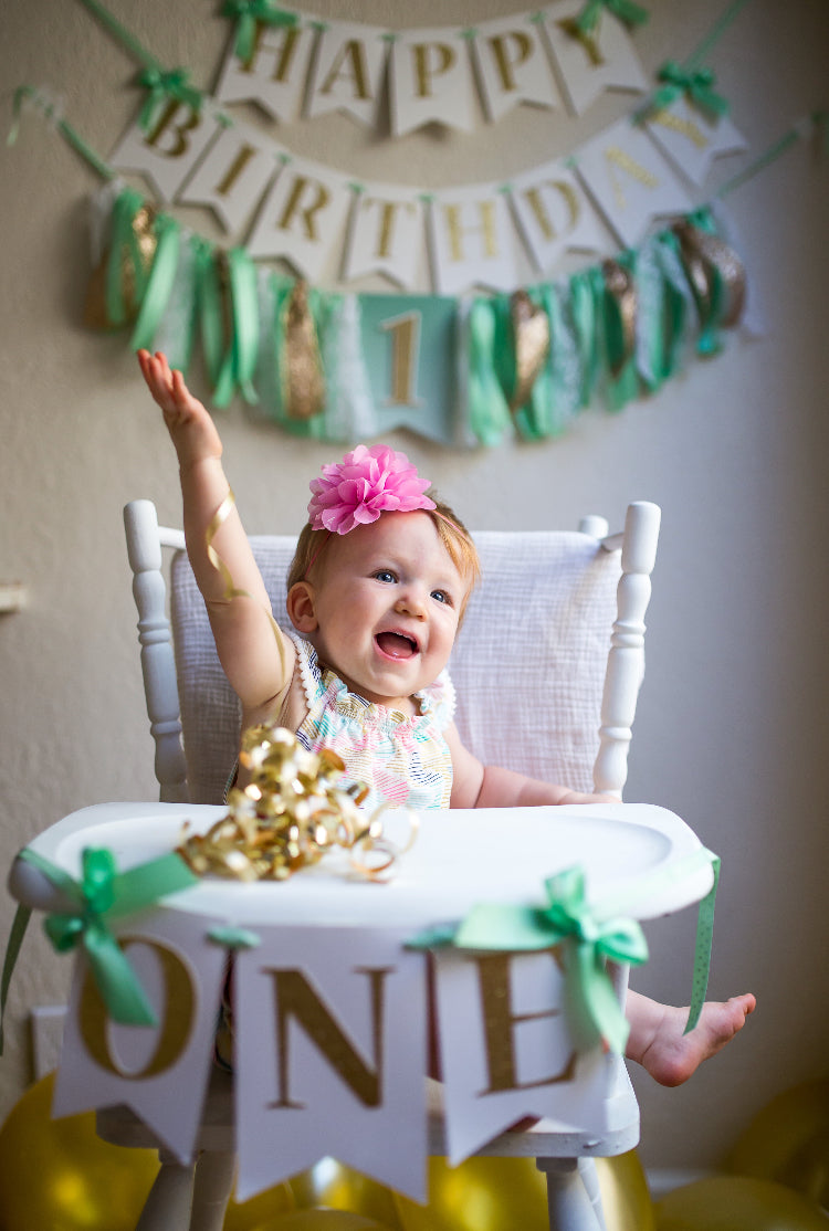 Pink and Silver First Birthday Banner with Bows