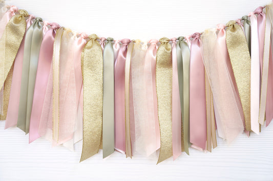Blush, Ivory, Sage and Gold Ribbon Garland | Baby Fawn Baby Shower