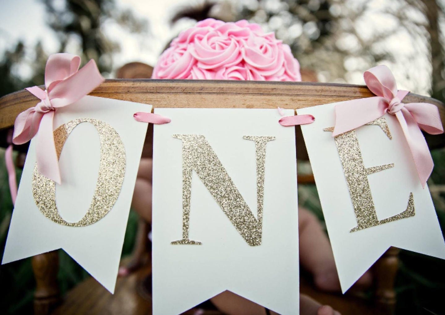 Blush Pink and Gold High Chair Birthday Banner with Bows