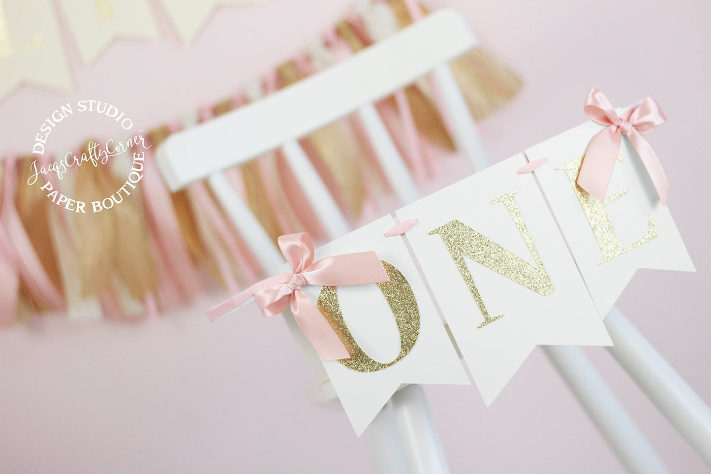 Blush Pink and Gold High Chair Birthday Banner with Bows