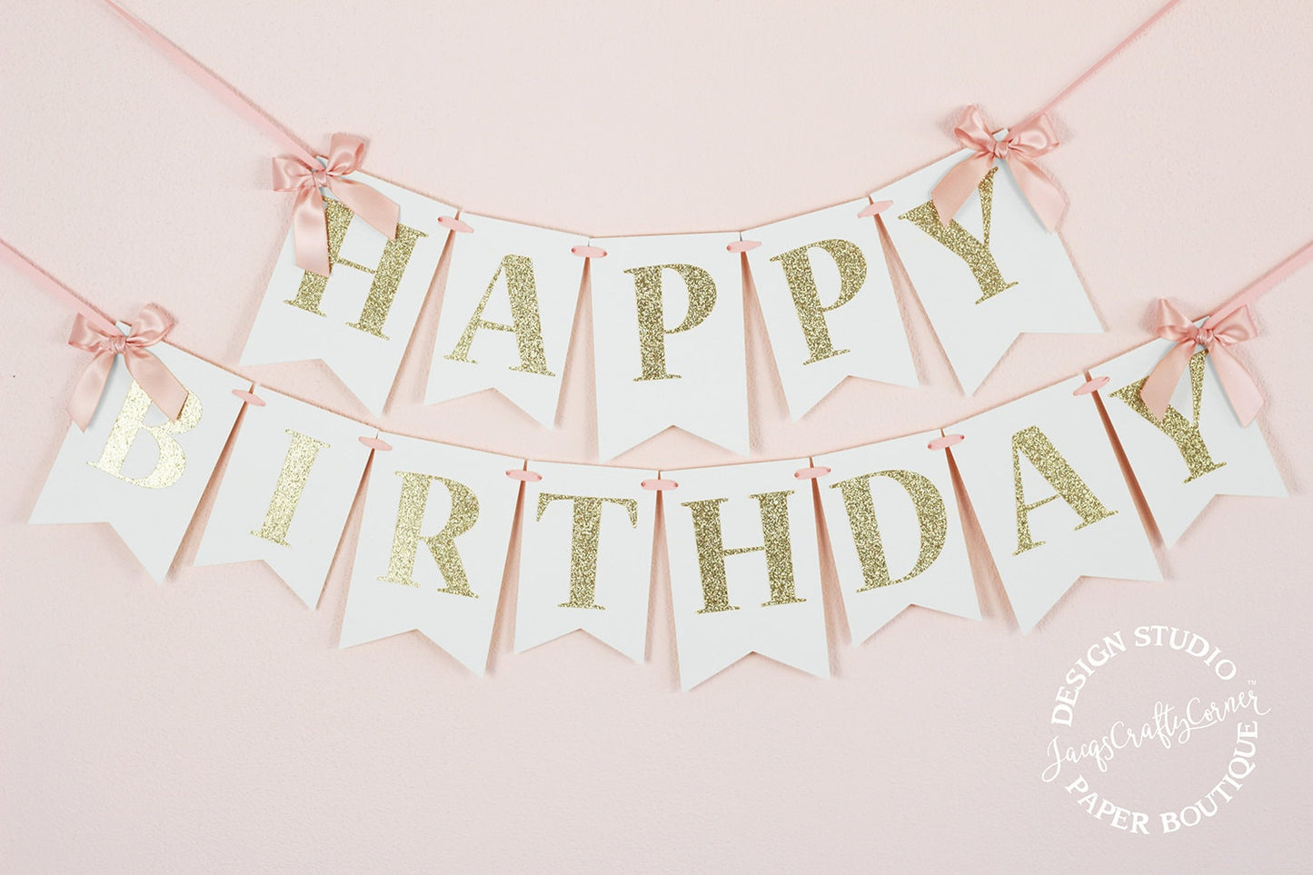 Blush Pink & Gold Birthday Banner with Bows