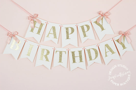 Blush Pink & Gold Birthday Banner with Bows