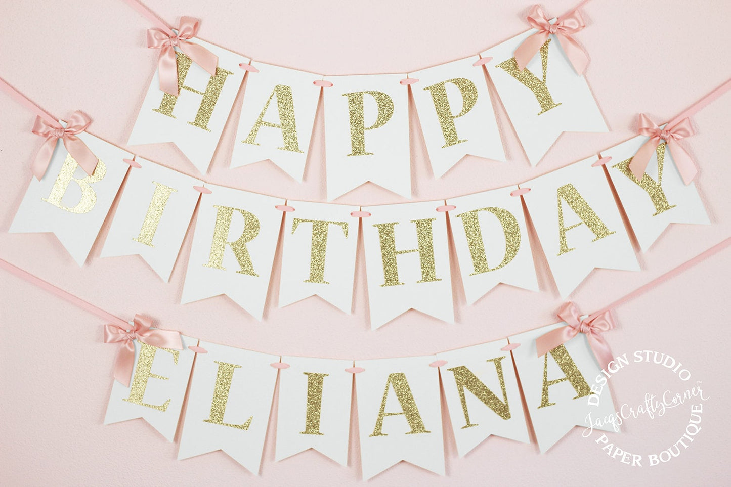 Blush Pink & Gold Birthday Banner with Bows