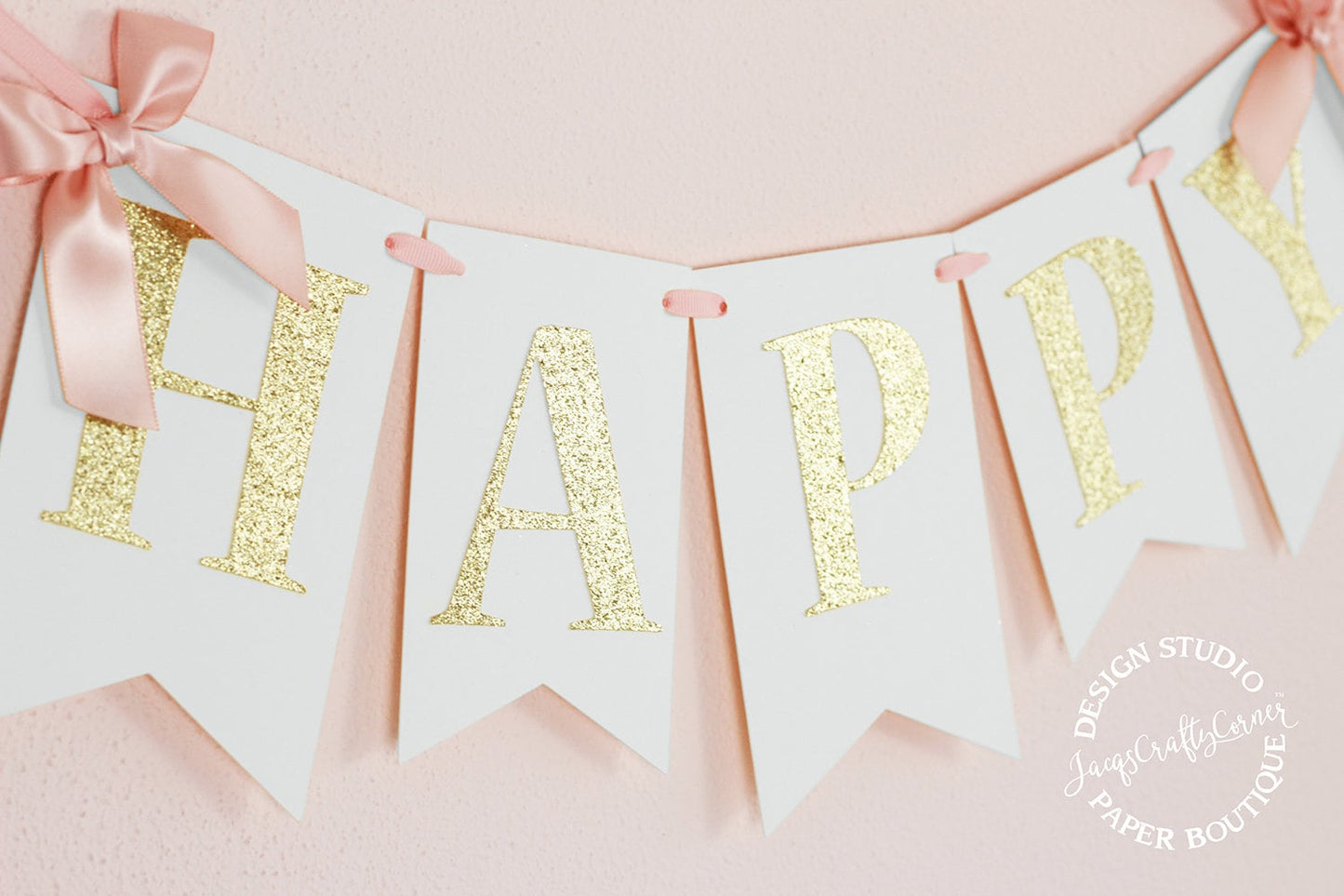 Blush Pink & Gold Birthday Banner with Bows