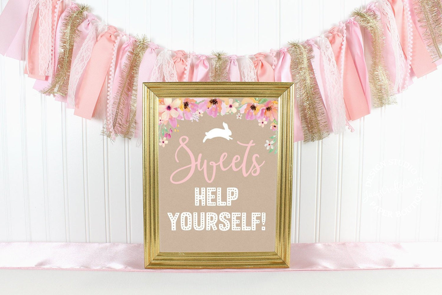 Floral Bunny Sweets Sign: Easter Birthday Party Decor (Digital Download)