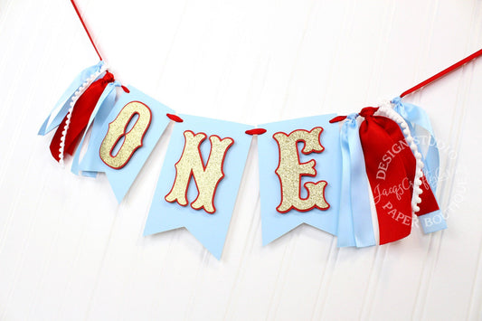 First Birthday Highchair Banner: Light Blue, Red & Gold Ribbon - 16 inch