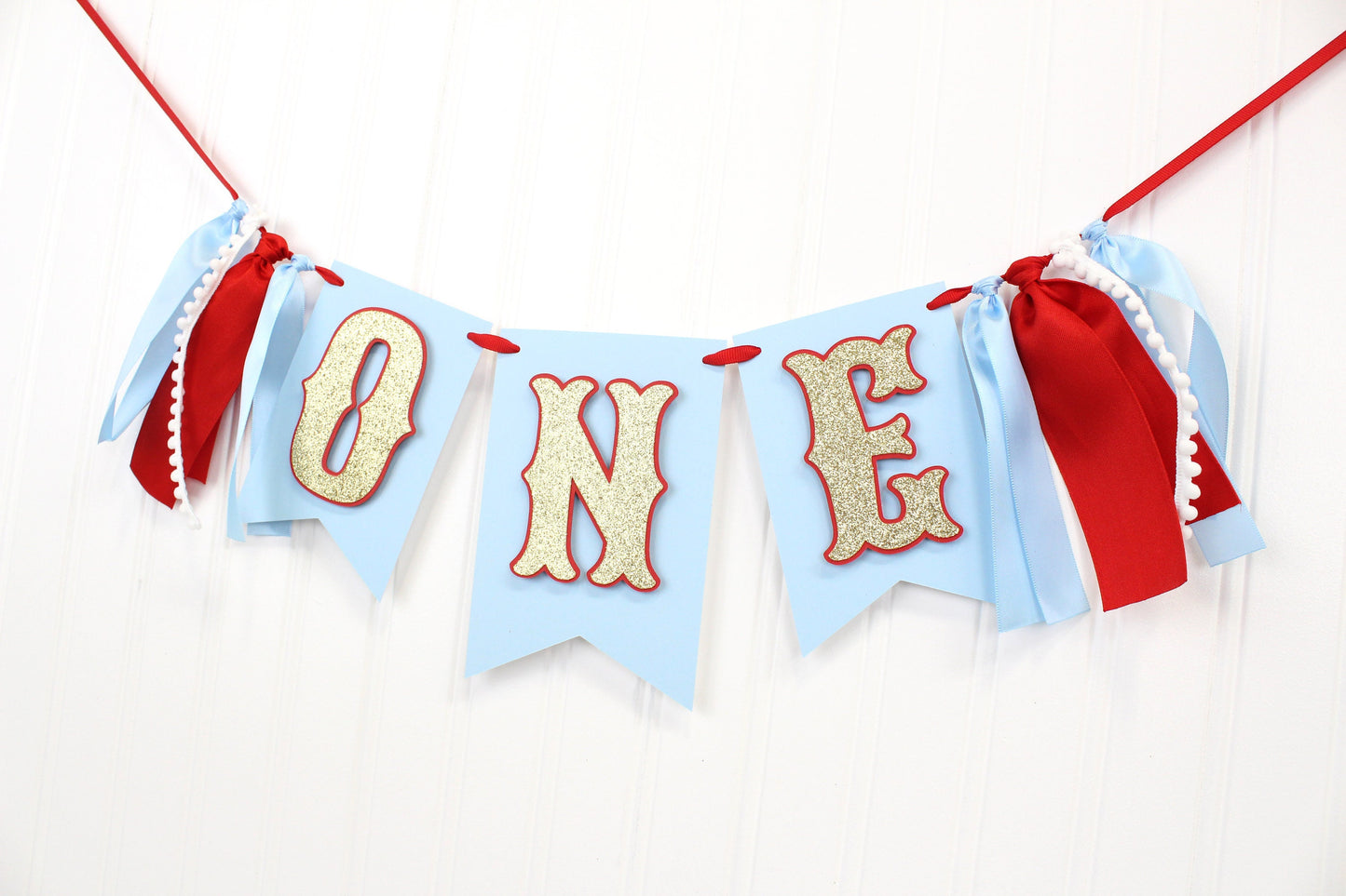 First Birthday Highchair Banner: Light Blue, Red & Gold Ribbon - 16 inch