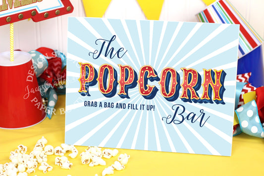 Printable Popcorn Bar Sign: Carnival Birthday Party Decor (8.5x11 inches) (Digital Download)