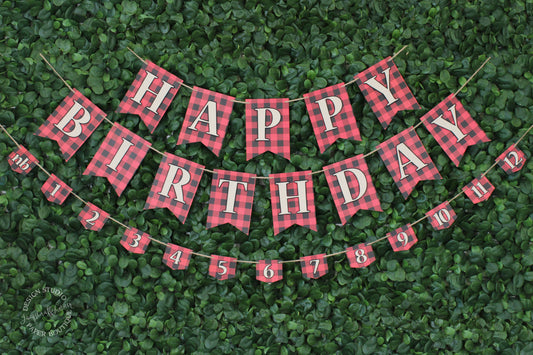 Buffalo Plaid First Birthday Photo Garland: Lumberjack Milestone Banner