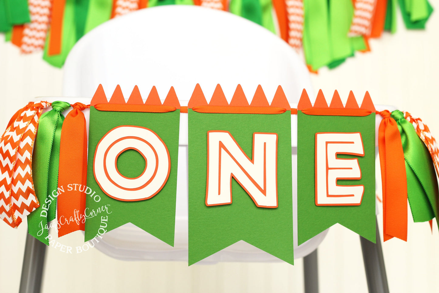 Dinosaur 1st Birthday High Chair Banner: Green & Orange Dino Party Decor