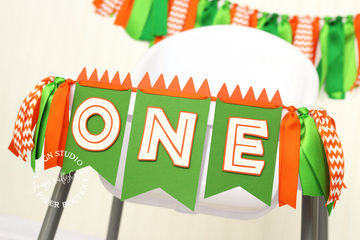 Dinosaur 1st Birthday High Chair Banner: Green & Orange Dino Party Decor