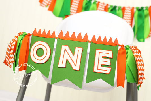 Dinosaur 1st Birthday High Chair Banner: Green & Orange Dino Party Decor