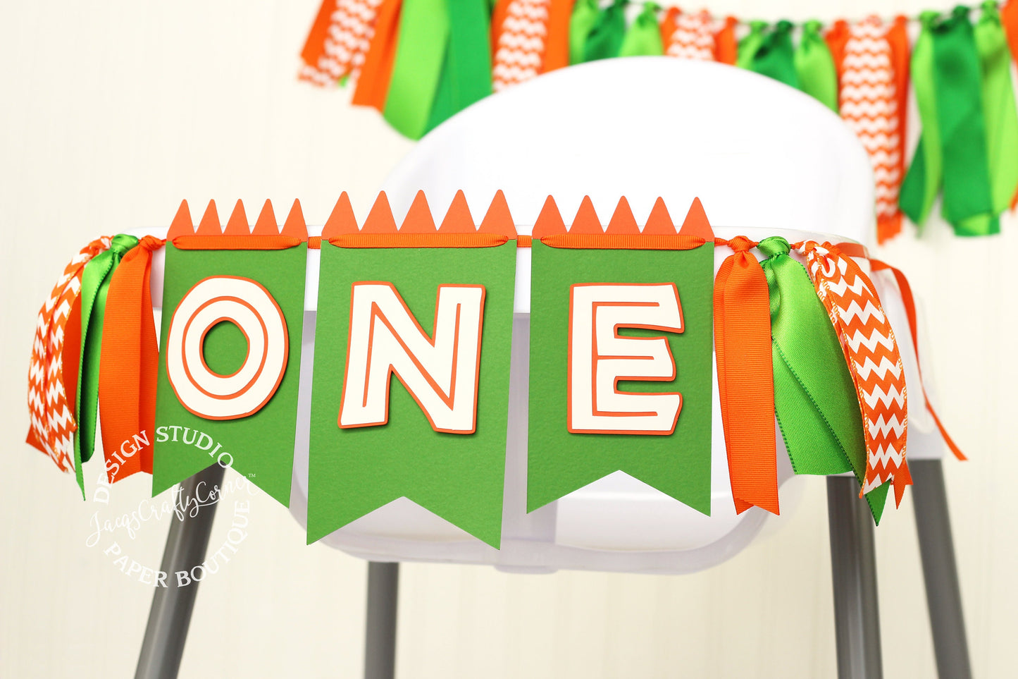 Dinosaur 1st Birthday High Chair Banner: Green & Orange Dino Party Decor