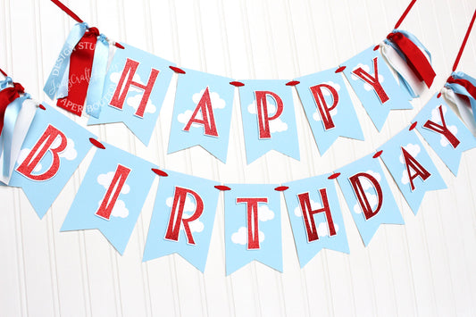 Aviator 1st Birthday Banner: Light Blue & Red Ribbon Garland