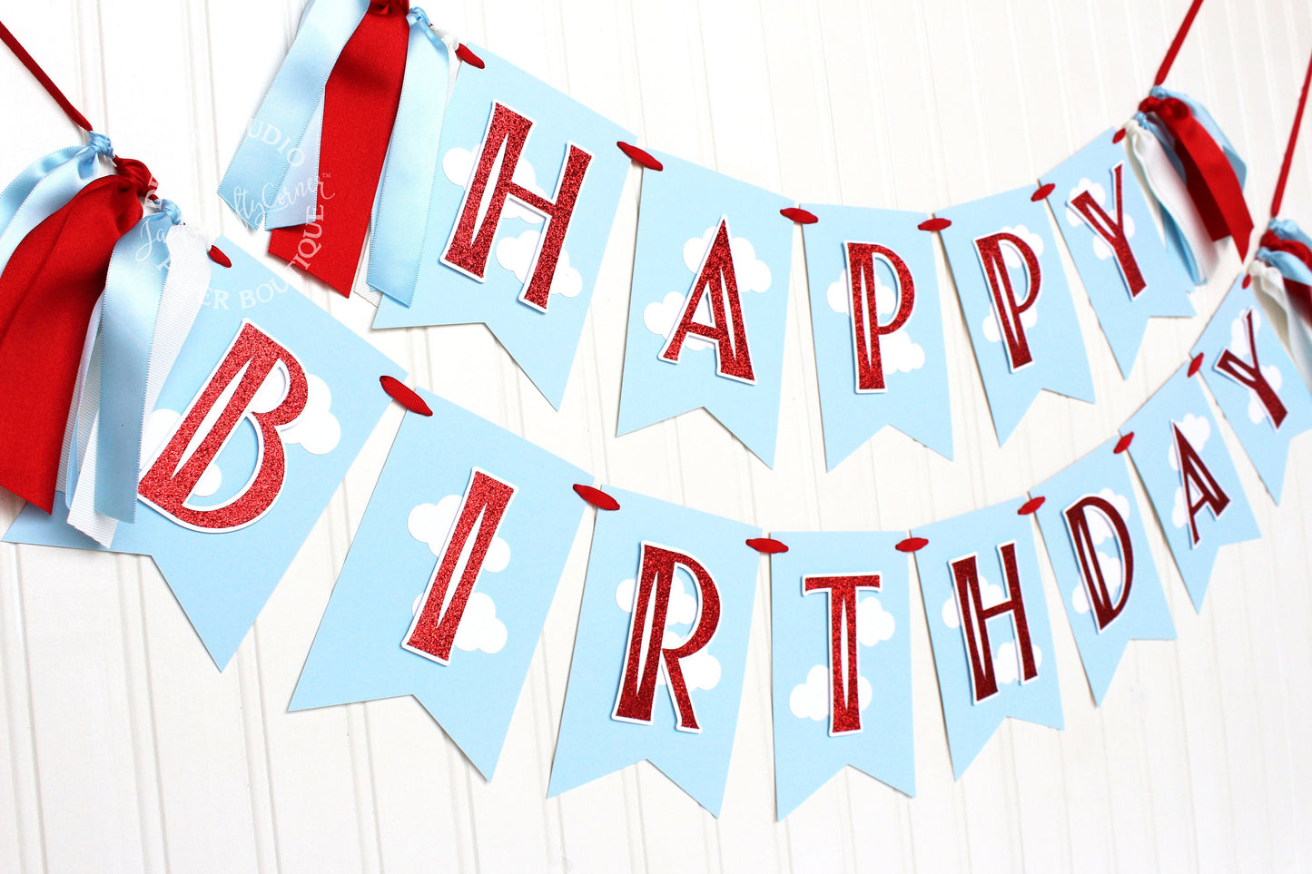 Aviator 1st Birthday Banner: Light Blue & Red Ribbon Garland