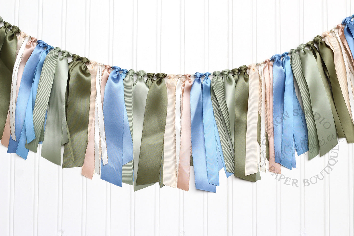 Sage, Blue & Gold Ribbon Garland: Woodland Baby Shower Decor