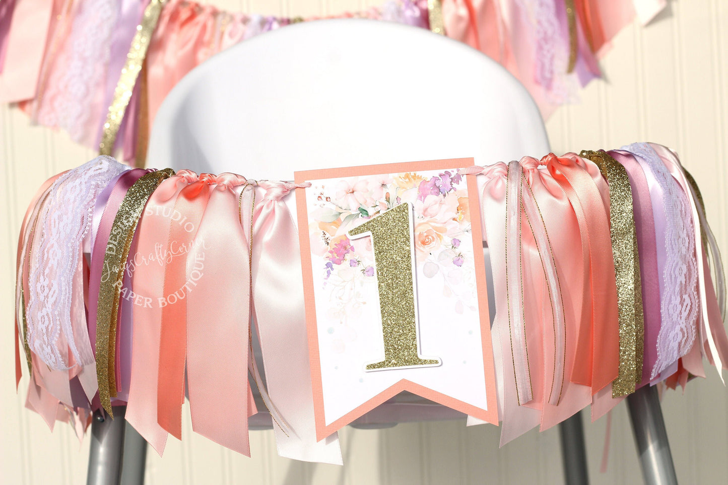 Floral First Birthday High Chair Ribbon Banner: Coral, Blush, Gold