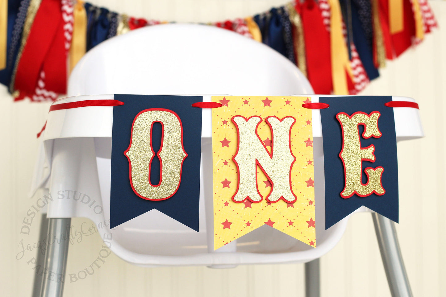 Carnival High Chair Banner: Navy, Red, Yellow, Gold 'ONE' or 'TWO'