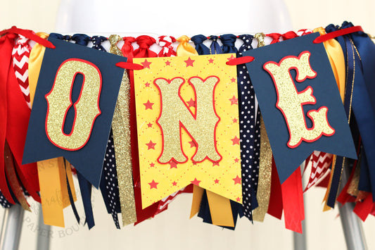 Carnival High Chair Banner: Navy, Red, Yellow, Gold 'ONE' or 'TWO'