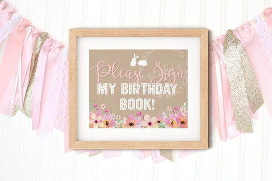 Floral Bunny Birthday Book Sign: First Birthday Decor (Digital Download)