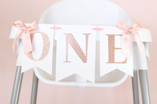 Rose Gold, Blush and White High Chair Banner | First Birthday Photoshoot Decorations