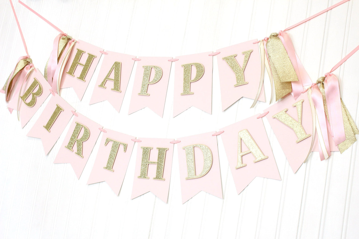 Blush Pink, Ivory and Gold Birthday Banner with Ribbon