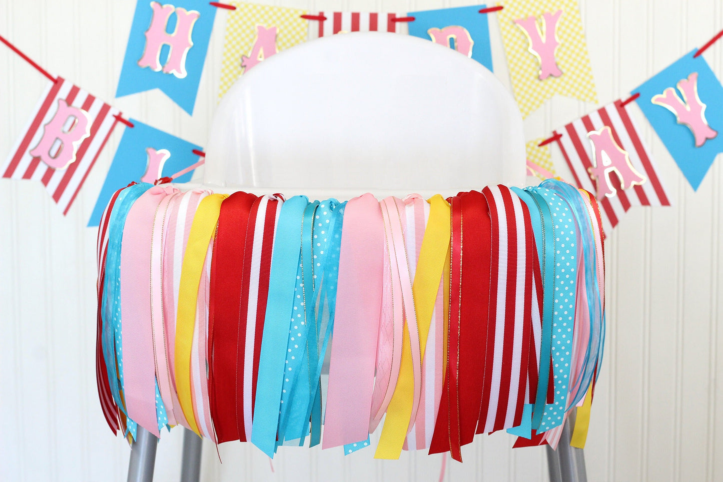Pink Carnival Circus Ribbon Garland | Pink Red Turquoise Yellow High Chair Decoration