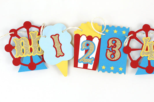 Carnival Circus Photo Banner | First Birthday Monthly Milestone | Red, Turquoise, Yellow and Glitter Gold
