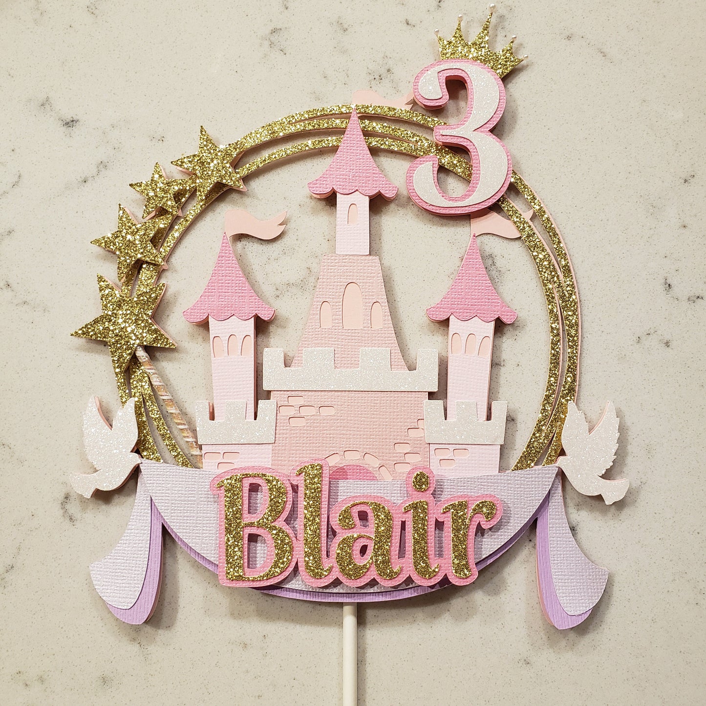 Princess Castle Cake Topper | Personalized Birthday Party Decor | Pink, Purple, White and Glitter Gold