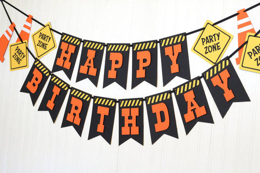 Construction Party Zone Birthday Banner | Caution Party Decorations | Black, Orange, and Yellow