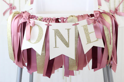 Mauve & Gold High Chair Banner: Burgundy Ribbon Garland Set