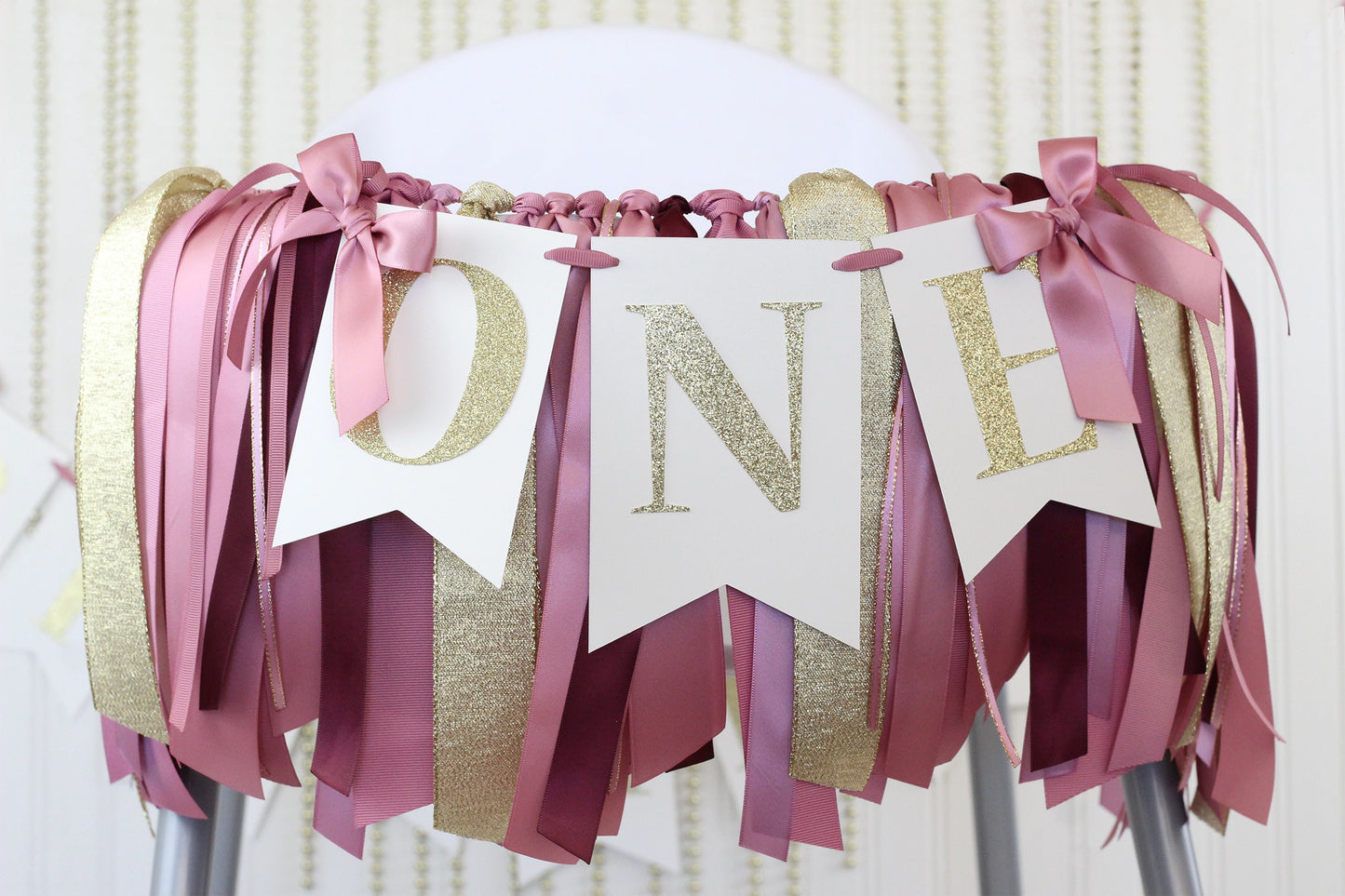 Mauve & Gold High Chair Banner: Burgundy Ribbon Garland Set