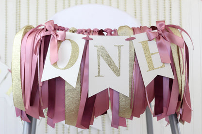 Mauve & Gold High Chair Banner: Burgundy Ribbon Garland Set