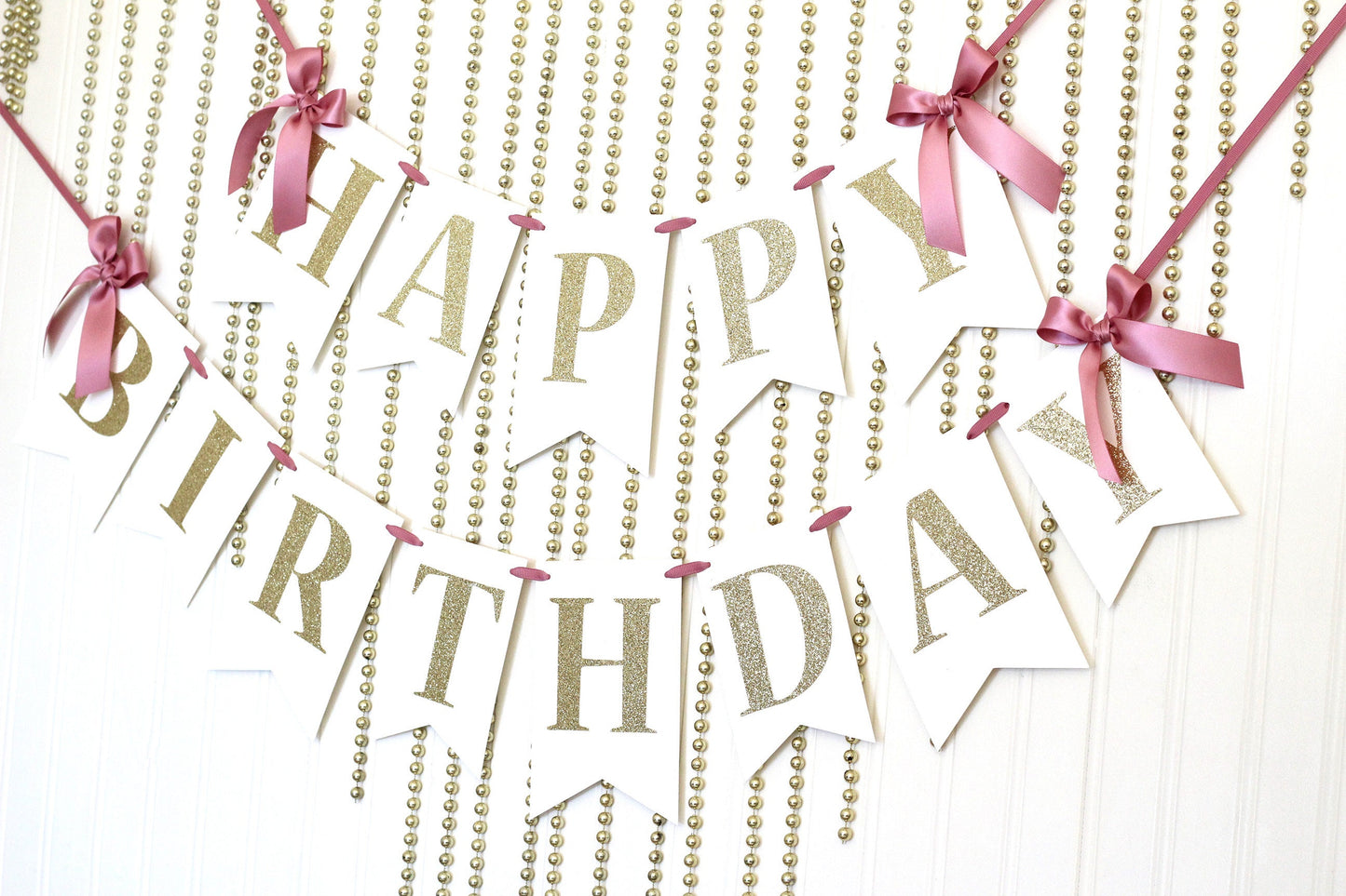 Mauve, Ivory and Gold Birthday Banner with Bows | First Birthday Cake Smash Photoshoot Backdrop