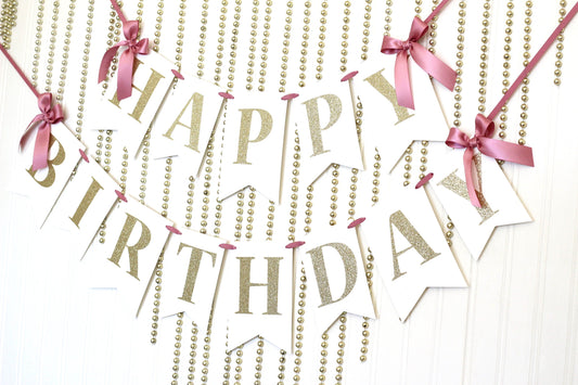 Mauve, Ivory and Gold Birthday Banner with Bows | First Birthday Cake Smash Photoshoot Backdrop