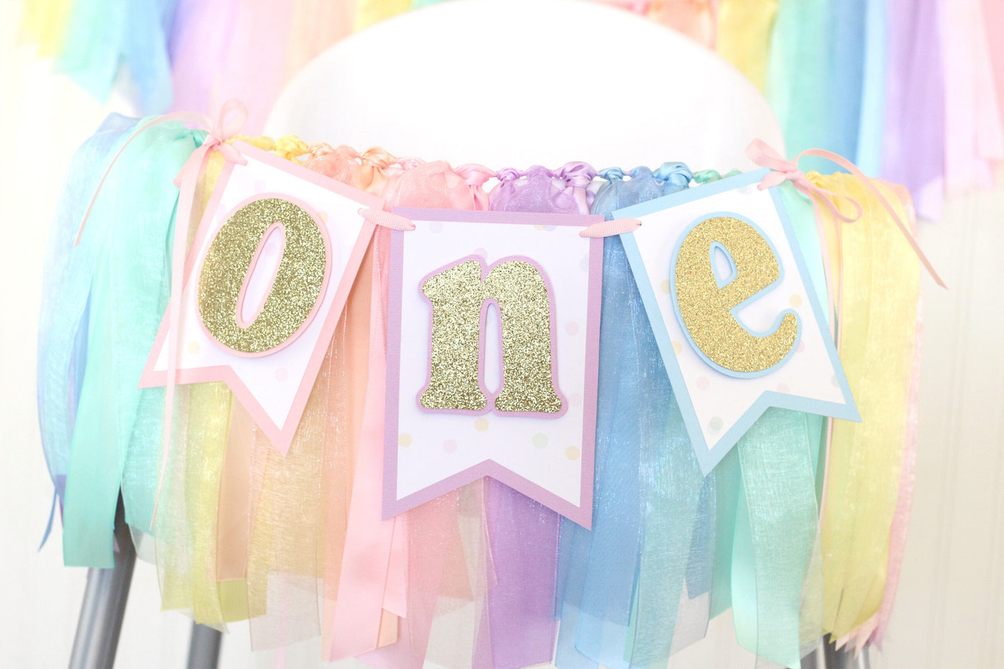 Pastel Rainbow High Chair Banner & Ribbon Garland: Unicorn Ice Cream Party