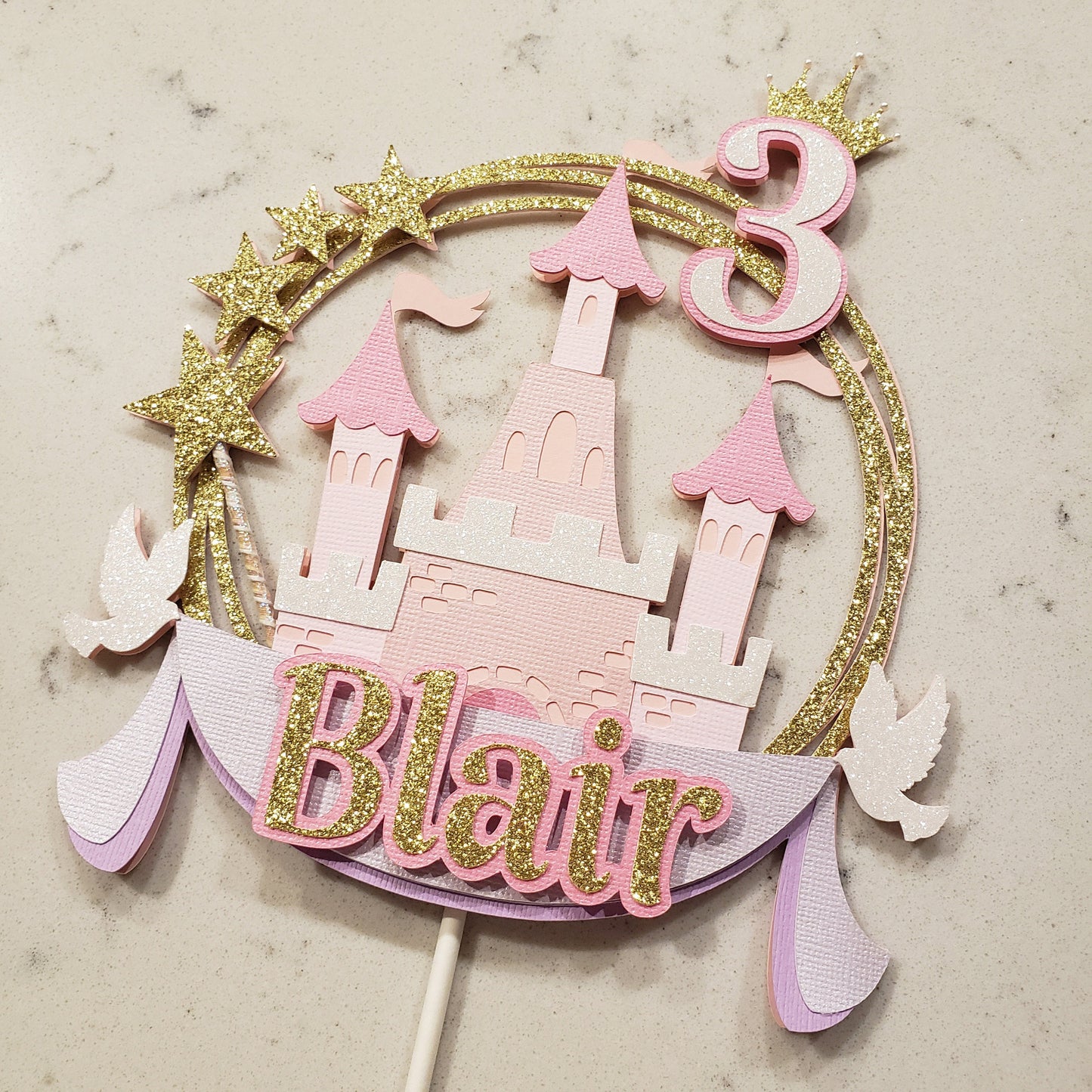 Princess Castle Cake Topper | Personalized Birthday Party Decor | Pink, Purple, White and Glitter Gold