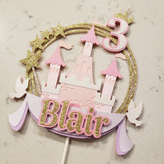 Princess Castle Cake Topper | Personalized Birthday Party Decor | Pink, Purple, White and Glitter Gold
